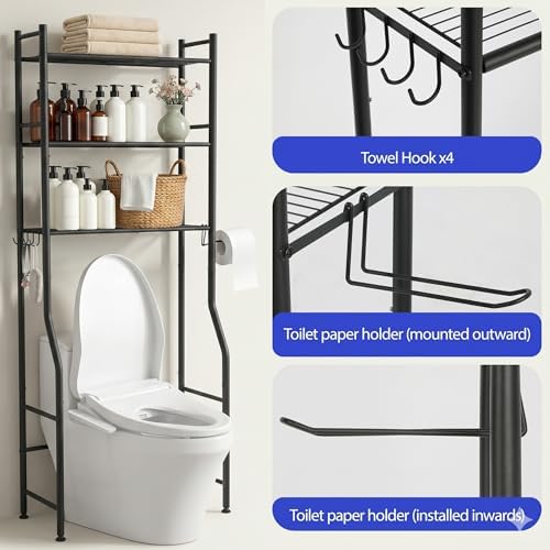 Premium 3-Tier Over The Toilet Storage, Heavy Duty Carbon Steel Bathroom Organizer Space Saver with Paper Holder & Hooks, Freestanding Renter-Friendly Shelves Rack Above Commode, Matte Black (63" H)