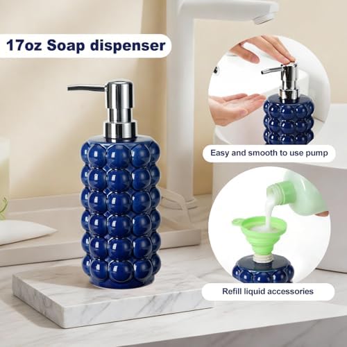 4 Piece Ceramic Bathroom Accessories Set –Soap Dispenser,Toothbrush Holder,Tumbler & Soap Dish,Includes Silicone Funnel,Non-Slip,Modern Farmhouse Countertop Organizer Set for Bathroom Decor, Navy Blue