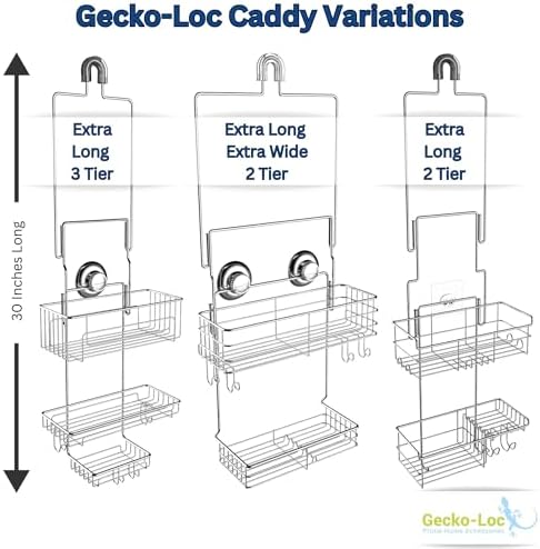Gecko-Loc Extra-Long Adjustable Over-the-Showerhead Shower Caddy – Rustproof Stainless Steel Organizer with Suction Stabilizer, Deep Basket & Hooks – No-Drill, Tool-Free Installation (Silver)