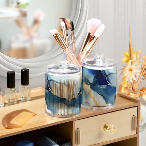 2 Pack Qtip Holder Dispenser with Lids, Watercolor Blue Gold Marble Plastic Storage Containers,Bathroom Canisters Organizer for Cotton Ball, Cottons Swab, Cotton Round Pads, Floss 21215195