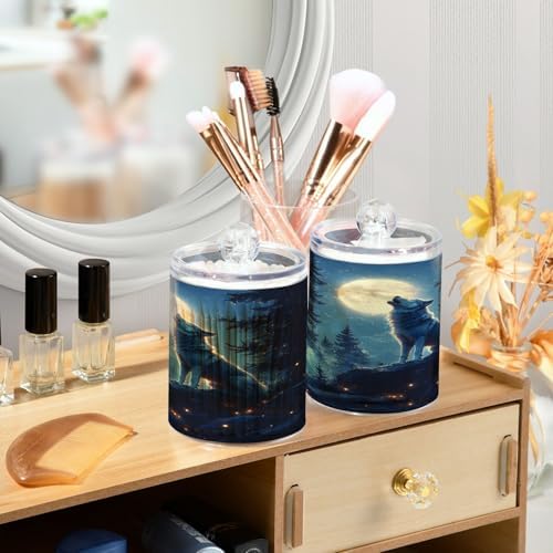 ALAZA Wolf Animal Moon Tree 2 Pack Qtip Holder Dispenser for Cotton Swabs, Balls, Pads, Floss 10 oz Plastic Canister Organizer