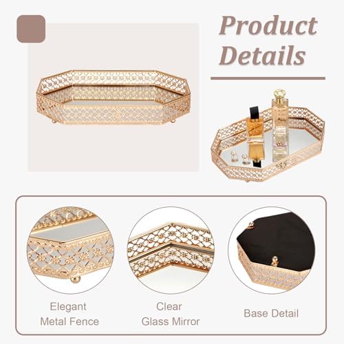 Hipiwe Gold Glass Perfume Tray for Dresser Bathroom Makeup Vanity Trays