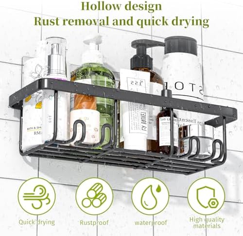 Adhesive Shower Caddy, 5 Pack Rustproof Stainless Steel Bathroom Organizers and Storage, Large Capacity Bathroom Organizer, No Drilling Shower Shelves, Black
