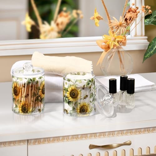 MNSRUU 2 Pack Qtip Holder Organizer Dispenser Flower Sunflower Bee Bathroom Storage Canister Cotton Ball Holder Bathroom Containers for Cotton Swabs/Pads/Floss