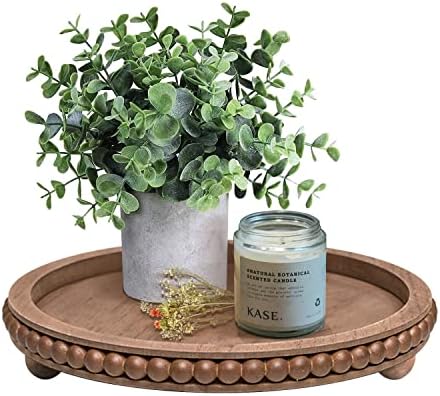 HPC DEC R OUR HAPPY PLACE 12in Round Wood Beaded Tray - Brown, Distressed Finish - Farmhouse Boho Style - Decorative Tray for Living Room, Coffee Table, Kitchen Table or Serving Tray
