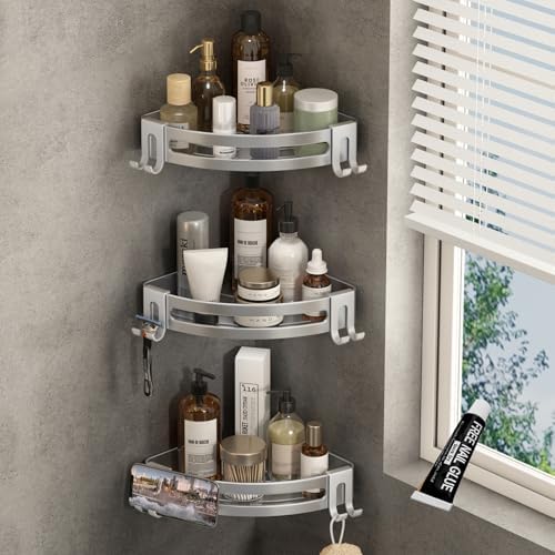 VOLPONE Corner Shower Caddy with Razor Holder Adhesive Shower Shelf Corner No Drilling Corner Shower Organizer Storage Rack Shampoo Holder Wall Mount (3-Pack, Silver)