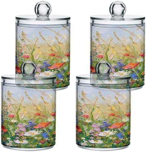 ALAZA Wildflower Watercolor Oil Painting 2 Pack Qtip Holder Dispenser for Cotton Swabs, Balls, Pads, Floss 10 oz Plastic Canister Organizer