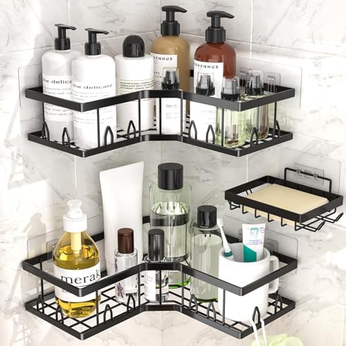 Shower Shelf Corner, Adhesive Shower Caddy Rustproof, Shower Shelves Corner with Soap Holder, No Drilling Shower Corner Organizer for Dorm, Renters Bathroom, Black, 3 Pack