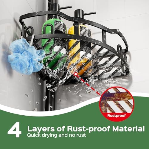 HAMITOR Shower Caddy Tension Pole: Rustproof Quick Install Standing Corner Bathroom Organizer Shelf on Floor for Renters - 4-Tier Large Capacity Storage Rack with Soap Holder for Apartment -Black