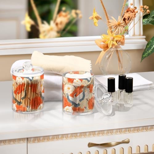 2 Pack Qtip Holder Organizer Dispenser Cranes Orange Flowers Bathroom Storage Canister Cotton Ball Holder Container for Cotton Pads/Swabs/Floss