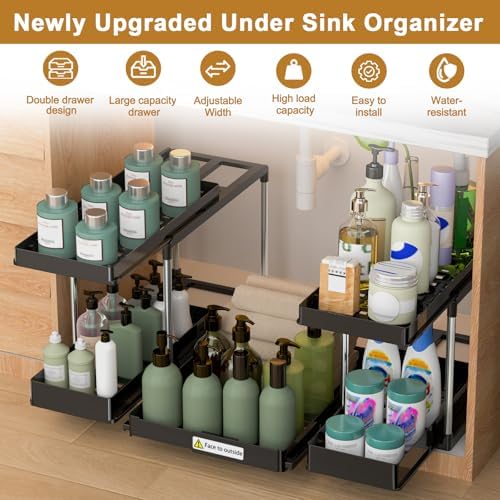 NIUXX Expandable Under Sink Organizer: 2 Tier Under Cabinet Organizer - Double Pull Out Shelf Under Sink Storage for Kitchen - Bathroom and Laundry Room - Space Saving