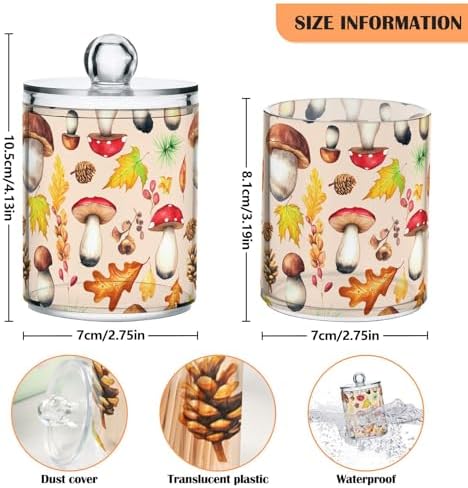 DOMIKING Mushroom Maple Leaf Beige 2 Pack Cotton Swab Holder Dispenser Plastic Jar Bathroom Storage Canister Acrylic Containers for Sponges Cotton Ball Floss Makeup