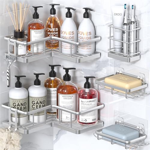 YASONIC Corner Shower Caddy Adhesive, 100% Rustproof Shower Organizer with Soap and Troothbrush Holder, No Drill Shower Shelf for Inside Shower, Wall-Mounted Shower Storage for Homes (5 Pack, Silver)