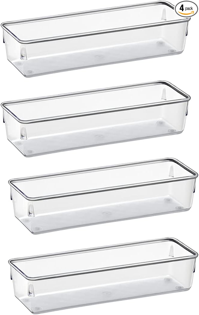 Acrimet Drawer Organizer Modular, Box Tray Storage Bins for Office, Home, Makeup, Kitchen, Junk Drawer ( 4 Pieces) (Clear Crystal Plastic)