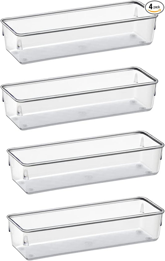 Acrimet Drawer Organizer Modular, Box Tray Storage Bins for Office, Home, Makeup, Kitchen, Junk Drawer ( 4 Pieces) (Clear Crystal Plastic)