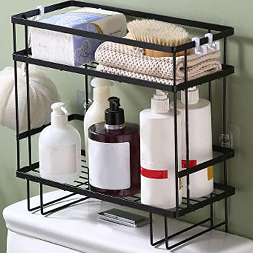 Toilet Shelf, Thickening Waterproof Multifunctional Double Layer Storage Rack, Large Capacity Nail Free Installation Organizer Rack, Stylish Iron Bathroom Organizer Over Toilet(Double Layer Black)