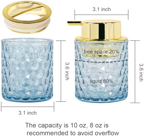 Bathroom Accessories Set 2pcs Glass Foaming Soap Dispenser and Toothbrush Holder for Bathroom Countertop, Blue Glass Bathroom Assessory Set with Gold Decor