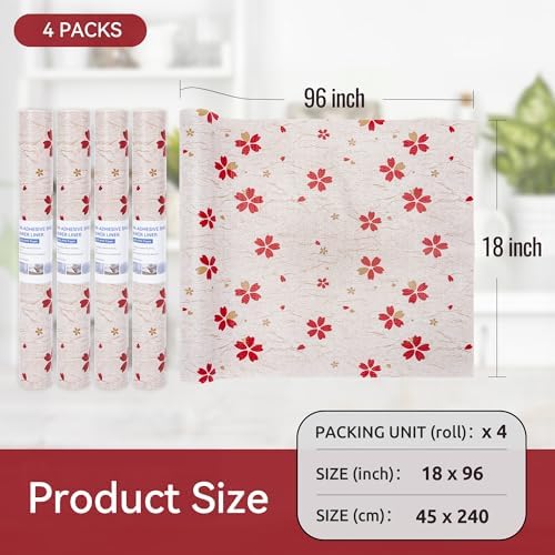 FIFTY FEET 18"x96" Non-Adhesive Shelf Liner for Kitchen Cabinets and Drawers, Washable Non-Slip PVC Cabinet Liner (Red Floral)(4 Roll)