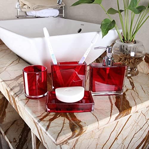 Bathroom Accessories Set, Acrylic Bathroom Accessory Set with Soap Dispenser,Soap Dish, Toothbrush Holder, Tumbler, Modern Bathroom Accessories Decor,Gift for Home (Red-5)