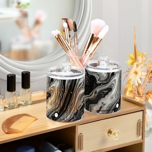 MNSRUU 4 Pack Qtip Holder Organizer Dispenser Black Marble Bathroom Containers Bathroom Vanity Storage Canister Apothecary Jars for Cotton Swabs/Pads/Floss