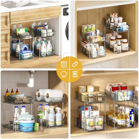 Delamu 2-Tier Under Sink Organizers and Storage, Multi-Purpose Stackable Bathroom Cabinet organizers, Pull Out Kitchen Pantry Organization and Storage with Dividers(3 Pack, Grey)