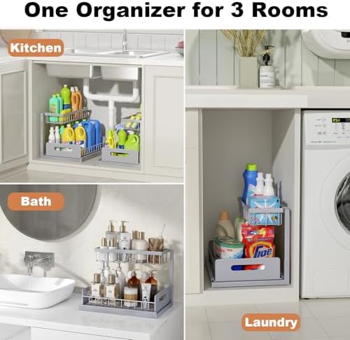 REALINN Under Sink Organizer, L-Shaped 2 Tier Pull Out Cabinet Organizer