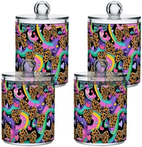 Gredecor 4 Pack Qtip Holder Clear Leopard Bows Heart Apothecary Jars with Lids Acrylic Bathroom Jars Vanity Countertop Canister Storage Organizer for Cotton Ball,Swabs,Pads,Floss