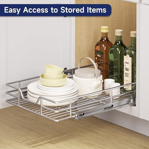 Pull Out Cabinet Organizer, 15.5" W x 21.5" D, Heavy Duty Chrome Slide Out Shelf for Base Cabinets, Sliding Wire Basket Drawer for Pantry Items, Bowls, Containers & Cleaning Supplies