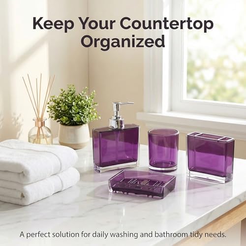 Bathroom Accessories Set, Acrylic Bathroom Accessory Set with Soap Dispenser,Soap Dish, Toothbrush Holder, Tumbler, Modern Bathroom Accessories Decor,Gift for Home (Purple-4)