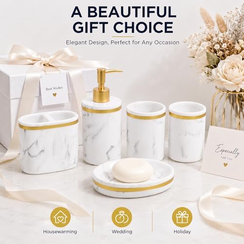 5-Piece Bathroom Counter Top Accessory Set - Dispenser for Liquid Soap or Lotion, Soap Dish, 2 Tumblers and Toothbrush Holder, Marble Pattern Resin (Classic White)