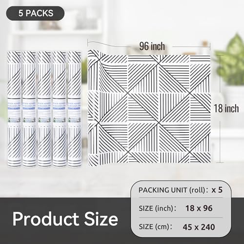 FIFTY FEET 18"x96" Non-Adhesive Shelf Liner for Kitchen Cabinets and Drawers, Washable Non-Slip PVC Cabinet Liner (Black Modern)(5 Roll)