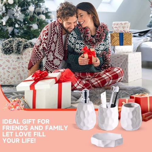 Ceramic Bathroom Accessories Set 4 PCS,Include 16 oz Soap Dispenser,Toothbrush Holder,Tumbler,Soap Dish,Textured Bathroom Counter Set (White)