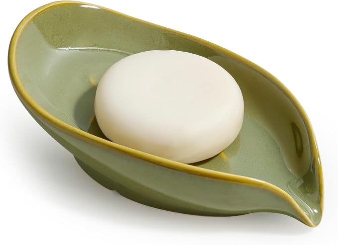 Soap Holder, Self-Draining Soap Dish, Leaf Shape Ceramic Bar Soap Holder Drain Soap Dishes for Bathroom Sink Kitchen, Easy to Clean Keeps Soap Dry, Olive Green, ANTIS'S HOME