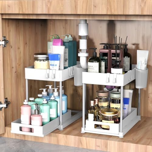 2 Pack Under Sink Organizer with Pull-Out Drawer, White