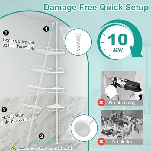 Corner Shower Caddy:125" Adjustable Inside Tension Shower Organizer Tension Pole,Rustproof Bathroom Organizer Shelves for Bathtub Shampoo Conditioner Storage,Floor to Ceiling Standing Showering Rack