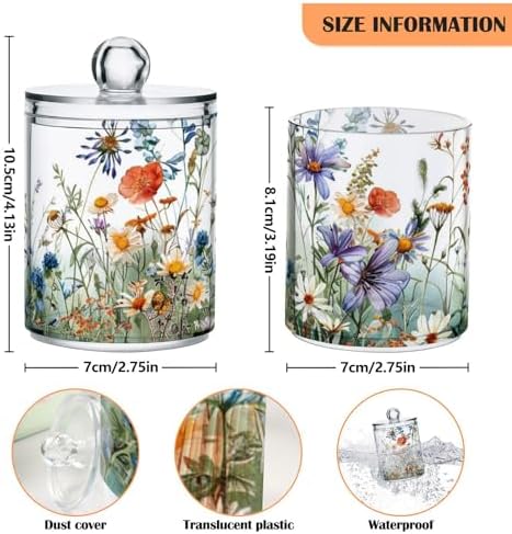 senya Clear Plastic Jars Cotton Swabs Cans, Wildflowers Butterflies Botanical Bathroom Canisters Storage Organizer with Lids 2PCs Set for Cotton Ball, Cotton Swab, flossers, Hair Bands