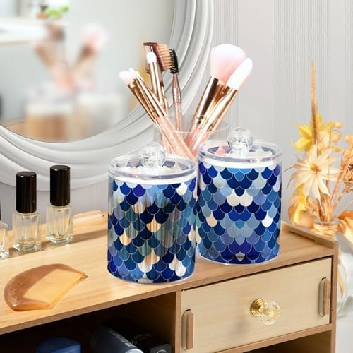 MNSRUU 2 Pack Qtip Holder Organizer Dispenser Blue Fish Scales Bathroom Storage Canister Cotton Ball Holder Bathroom Containers for Cotton Swabs/Pads/Floss