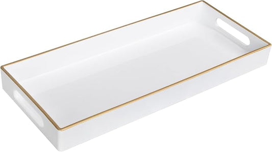 MAONAME White Vanity Tray, Plastic Decorative Tray, Rectangular Trays with Handles, Narrow Bathroom Trays for Toilet Tank, 13.8" X 6" X 1.57"