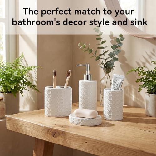 White Ceramic Bathroom Accessories Set, 4 Piece, Honeycomb Design with Soap Dispenser Pump, Tumbler, Toothbrush Holder, Soap Dish