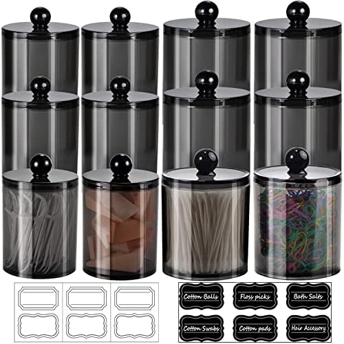 SheeChung 12 Pack Black Qtip Holder,Acrylic Apothecary Jars with Lids