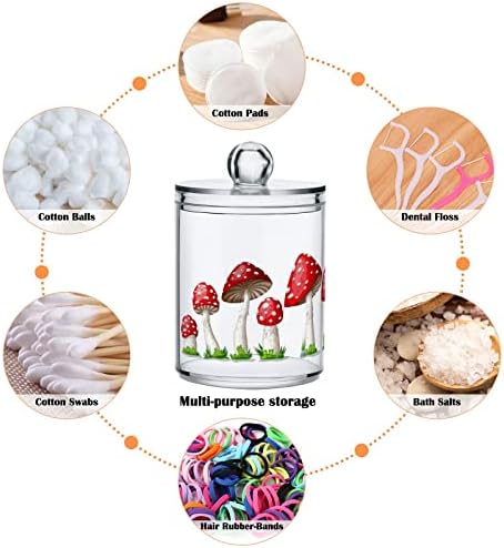 Fustylead 4 Pack Mushroom Qtip Holder Dispensers, Plastic Apothecary Jar Bathroom Accessories Set for Cotton Ball, Swab, Round Pads, Floss