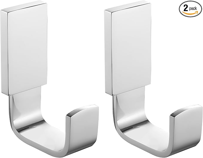 BESy Brass Clothes Hook Single Towel Hook for Bathroom Kitchen Garage Square Style Robe Hooks Coat and Hat Hook, Wall Mounted with Screws, Two Packs, Polished Chrome