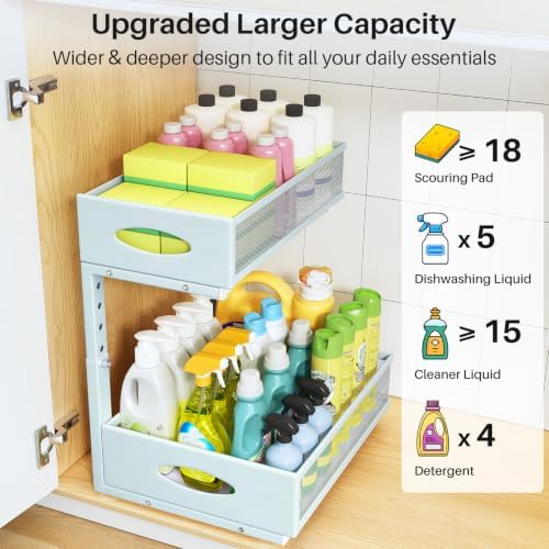 Under Sink Organizer, 2 Pack 2 Tier Pull Out Under Cabinet Organizer Shelf with Pad for Framed Cabinets, Metal Slide Out Under Sink Storage, Mesh Sliding Drawers for Kitchen Bathroom Laundry, Blue