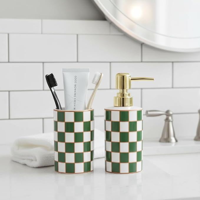Checkered Bathroom Toothbrush Holder, Bathroom Black and White Ceramic Toothbrush Holder, Modern Toothbrush Box, Used for Bathroom countertop Storage Rack, Checkered Bathroom Decoration (Green)