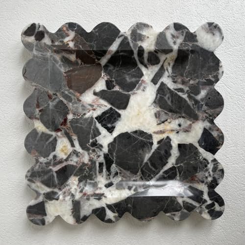 Vintage Natural Marble Tray Small Ornaments Scalloped Tray Handmade Storage Dish for Counter, Vanity, Dresser, Nightstand and Desk (Black White Brown)