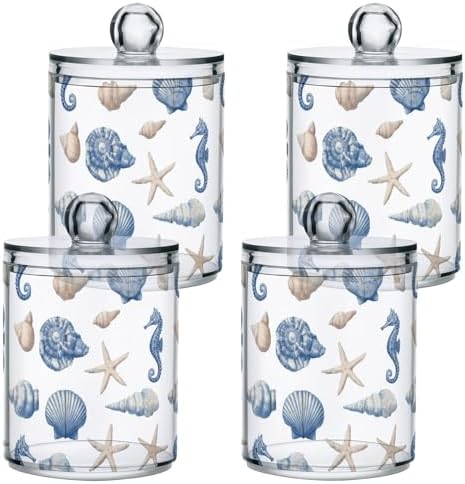 Seashells on Blue Board Qtip Holder Apothecary Jars Bathroom Storage Floss Makeup Organizer for Cotton Ball Swab Acrylic 2 Packs