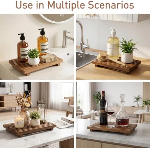 Acacia Wood Pedestal Stand Bathroom Tray Organizer Kitchen Counter Decor