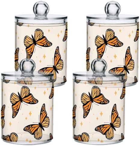 Fustylead 2 Pack Beautiful Monarch Butterflies and Glitter Stars Qtip Holder Dispensers, Plastic Apothecary Jar Bathroom Accessories Set for Cotton Ball, Swab, Round Pads, Floss