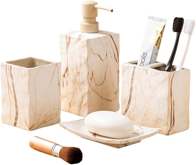 RQYIXI Ceramic 4-Piece Bathroom Accessories Set, Brown, Marble Design | marble look ceramic square design unique veining pattern modern countertop organization