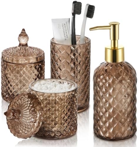 RYTOXILO Brown Bathroom Accessories Set, 4 Pack Brown Bathroom Decor Accessory Sets Complete, Diamond Glass Soap Dispenser and Toothbrush Holder Set for Bath Counter Organizer Essentials